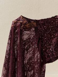 Arave 女士优雅亮片撞色蕾丝派对酒红色半身裙亮片长裙蕾丝长裙女士优雅半身裙情人节款 - 酒紅色 - 查看 8