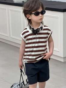 DAZY Bộ áo polo và quần short kẻ sọc thời trang thường ngày cho bé trai mùa hè, thích hợp cho kỳ nghỉ, đi làm, đi chơi, dạo phố. - màu nâu - Xem 6