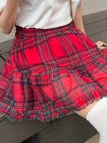 FRIFUL Women's Summer Casual Collegiate Style Patterned Ruffle Hem A-Line Skirt - Red - View 5