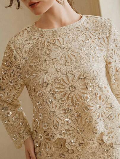 Anewsta Nuevo llegado de principios de primavera Conjunto único y de moda de cubrecuerpo de ganchillo con lentejuelas y falda midi calada, talla grande