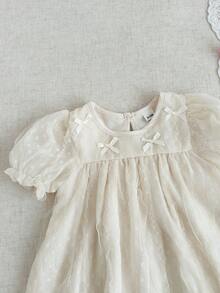 SHEIN Baby Girl Bow Decor Short Puff Sleeve Casual Dress - Apricot - View 4