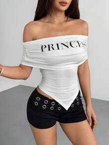 valorelle valorelle Damen Mode Off-Shoulder, sexy Buchstaben-Muster Lässig asymmetrisches Kurzarm T-Shirt, Streetwear, geeignet für den täglichen Gebrauch - Verschiedenfarbig - Übersicht 4
