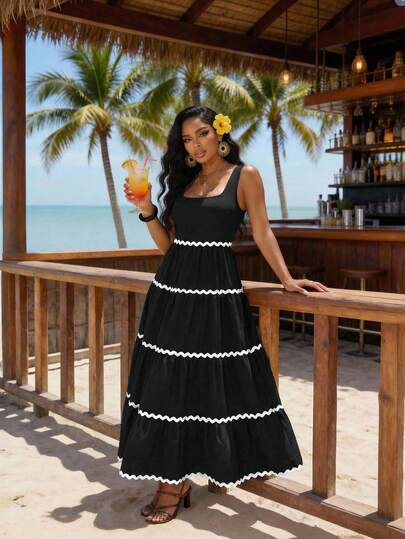 SHEIN Lady Đầm không tay kiểu dáng thường ngày dành cho nữ, phối màu tương phản, có bèo nhún ở gấu váy, thích hợp cho kỳ nghỉ.