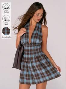Sweetina 女士时尚性感格子印花露背吊带迷你连衣裙 - 彩色 - 查看 3