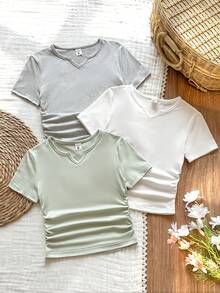 Vintaside Kids 3件装女童纯色V领短袖修身基础款T恤 - 彩色 - 查看 4