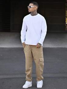 Devon Thys Men's All-Match Solid Color Casual Long Sleeve T-Shirt, Versatile, Spring/Autumn, Fall - White - View 1