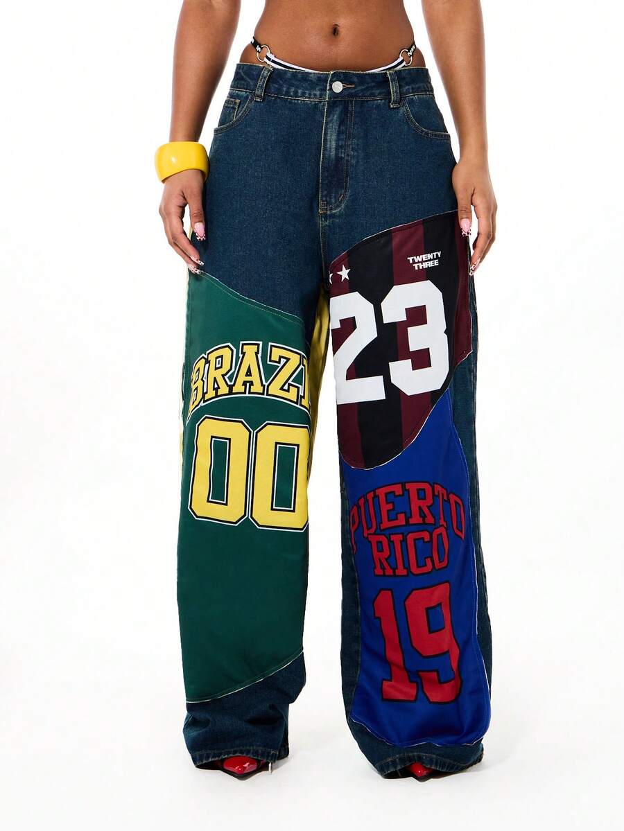 SUMWON WOMEN Quần jeans ống rộng dáng suông kiểu thể thao nhiều màu sắc dành cho nữ, in hình huy hiệu bóng đá đại học. - Màu xanh lam - Xem 1