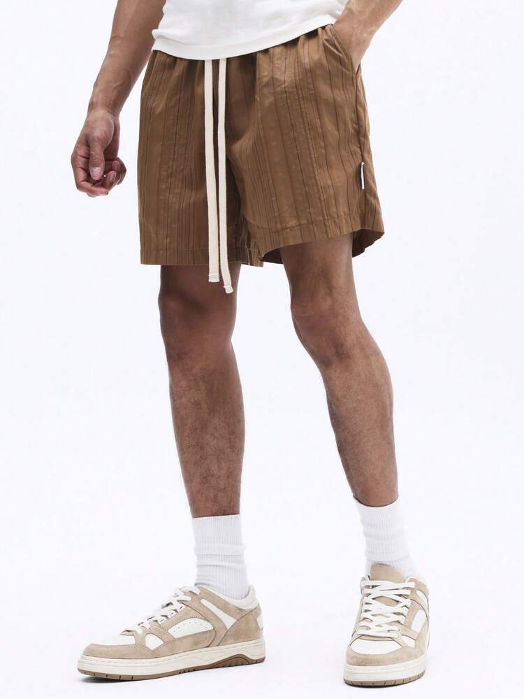 Textured Vertical Stripe Shorts With Drawstring