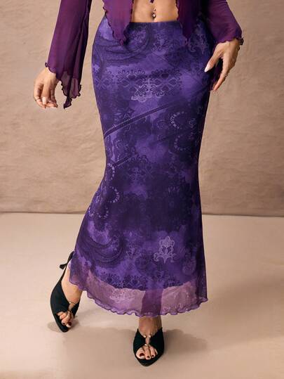 ROMWE PETITE Women's Retro Floral Print Low Waist Fishtail Skirt