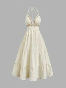 Sweetra Plain Design Semi-Sheer Beige Plus Size Boho Halter Dress With Ruffle Hem Details Beach Vacation Summer - Apricot - View 7