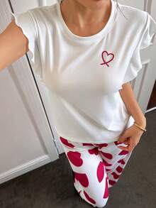 SHEIN Napfluff Heart Print Short Sleeve & Pants Cute Pajama Set - White - View 4
