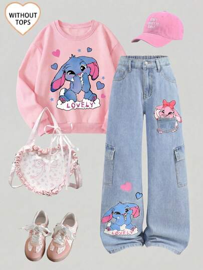 Girlism Tween Girl Casual Capybara Cartoon  Rabbit Print Denim Jeans, Cute & Sweet Fashion For Everyday Wear, School, Weekends, Back To School Season, Vacation Multi-Pocket Relaxed Fit Washed Light Blue Denim Straight Leg Cargo Pants ,Spring Summer , Back To School Homecoming Jeans, Summer Holidays ,Spring ,Beach For Women, Vacations Women, Valentine's Day