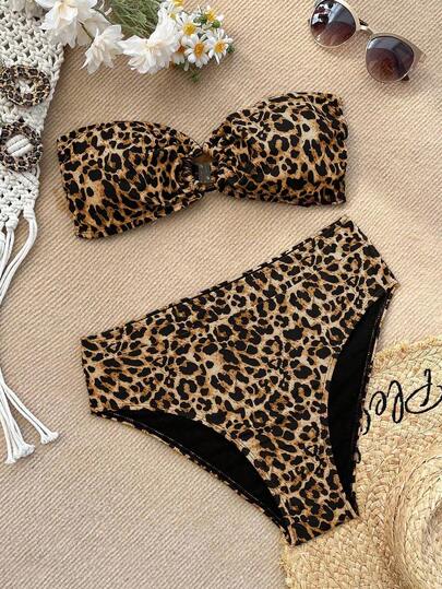 SHEIN VCAY Women Leopard Print Bandeau Strapless Bikini Top And Bottoms Swimwear Set For Summer Beach Vacation,Summer Clothes,Valentine Day,Vacation Outfits Woman,Beach Outfits For Woman, Festival,Romantic,Bohemian,BOHO, Sweet,Coquette,Rave Outfits Festival,Tropical Vacation Woman Clothes,Carnival,Swim Suits For Women,Bathing Suits Women, Tube Top