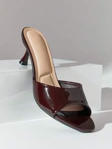 SHUZIA Sandal nữ tối giản gót thấp, mũi nhọn, chất liệu PU bóng. - màu nâu - Xem 5