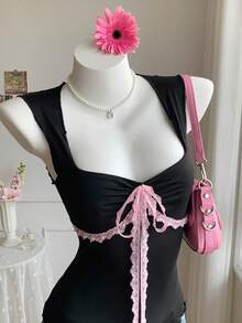 Comfortcana Women's Summer Casual Vacation & Commute Sweetheart Neck Chest Ruched Contrast Lace Twist Slim Fit Camisole Sexy Summer Top Lace Up Top Tie Up Top - Black - View 7