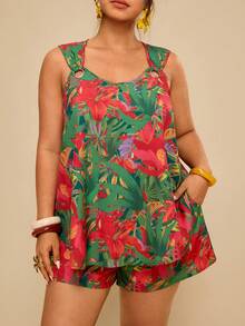 Travachic 大码优雅靛蓝色几何图案上衣搭配宽松口袋短裤,两件套,度假休闲装,波西米亚风,西式服装,沙滩装,夏季女装,假日套装 - 彩色 - 查看 5