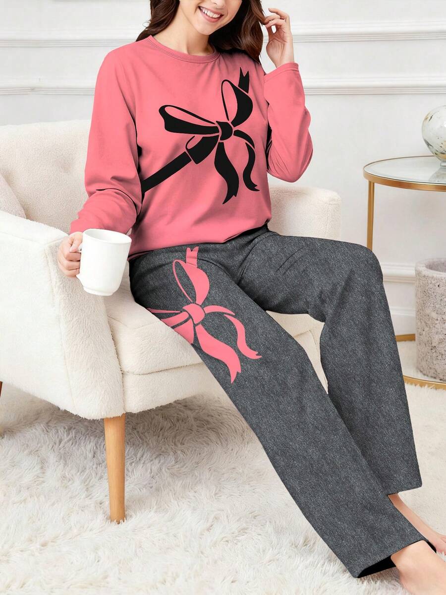 Sparklyn 两件套少女休闲针织蝴蝶印花长袖上衣和长裤家居服，深粉色上衣配粉色蝴蝶结印花，深灰色长裤配粉色蝴蝶结印花，宽松版型，弹力面料 - 粉色 - 查看 1