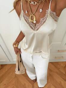 SHEIN EZwear 女士优雅纯色蕾丝拼接吊带背心，夏季必备 - 米色 - 查看 5