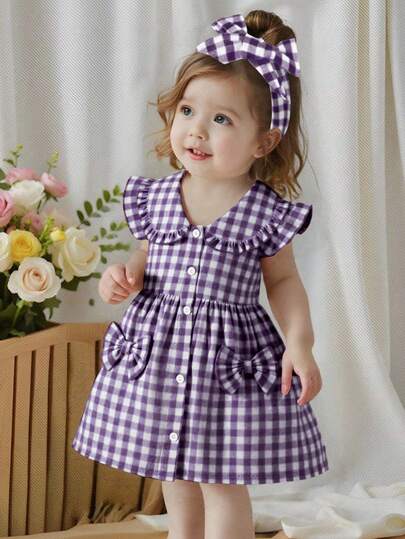 SHEIN Vintaside Kids Baby Girls' Casual Everyday Yellow Plaid Cap Sleeve Dress, Suitable For Outings Or Comfortable Versatile Wear