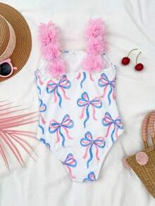 SHEIN Traje de baño de una pieza con rayas y lazo y flor 3D para niña - Azul y blanco - Ver 6