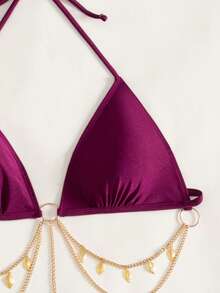 Swim Oasis 女士夏季沙滩纯色吊带系带性感比基尼泳装套装（含裙子） - 酒紅色 - 查看 5