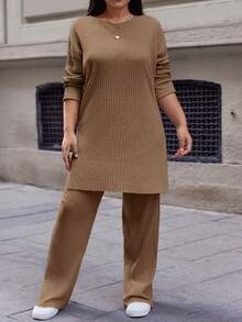 SHEIN Cottnline Conjunto De Pantalones Largos Y Camiseta Acanalada Con Dobladillo Con Aberturas De Talla Grande Para Mujer - Marrón - Ver 4