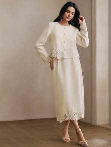 Anewsta 女士优雅刺绣圆领长袖上衣搭配米色半裙套装，春季穿搭 - 杏色 - 查看 3