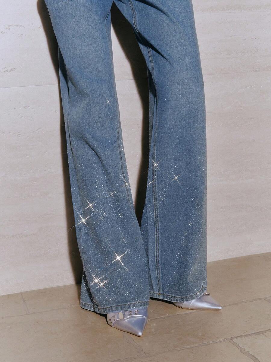 Anewsta Women's High Waist Fashionable Rhinestone Embellished Straight Loose Wide Leg Jeans - Blue - View 1