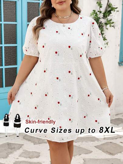 SHEIN CURVE+ Curve Size US22Music Festival, Seaside Vacation, Bohemia Women's Floral Printed Embroidered Loose Dress Tea Party Dress Curve White Plus Size Dress
