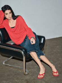 Sandalias de mujer de verano con punta cuadrada, chanclas con tacón de gatito, sandalias planas versátiles de dedo - Rojo - Ver 8