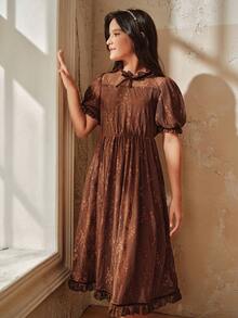 Anewsta 春夏新款蕾丝丝绒蝴蝶结荷叶边花瓣袖女童休闲连衣裙 - 巧克力棕 - 查看 5