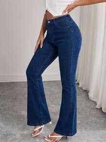 SHEIN Tall 女士高腰口袋休闲百搭喇叭牛仔裤 - 中等水洗藍 - 查看 5