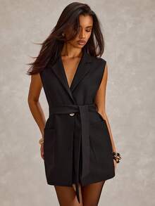 SHEIN Cottnline Blazers de ajuste regular de unicolor para mujer - Negro - Ver 4