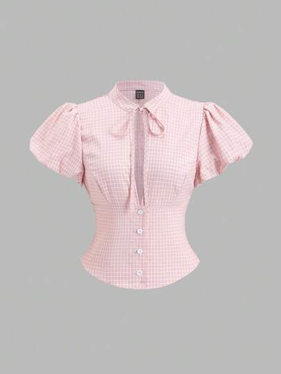 Sweetra Summer New Cute Petal Sleeve Plaid Bow Tie Waist Hollow Short Hem Blouse, Pink, Suitable For Spring/Summer Vacation