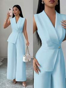 Elenzga Áo blazer cổ chữ V màu mơ trơn, thiết kế dây thắt eo, trang phục thanh lịch chuyên nghiệp, phù hợp cho công sở, họp hành, đi học, ngày lễ tình nhân, ngày động, lễ Phục sinh, du lịch, phong cách đường phố thường ngày, bộ jumpsuit mùa xuân/hè. - Màu xanh lam - Xem 6