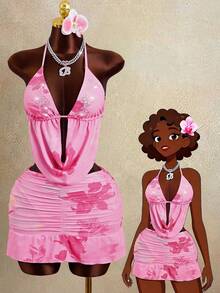 Zestiva Bộ bikini 4 mảnh dành cho nữ, cổ khoét sâu, đính đá lấp lánh, kiểu dáng suông, thích hợp cho tiệc bãi biển và kỳ nghỉ. - Hồng - Xem 1