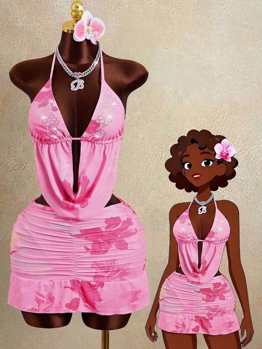 Zestiva Bộ bikini 4 mảnh dành cho nữ, cổ khoét sâu, đính đá lấp lánh, kiểu dáng suông, thích hợp cho tiệc bãi biển và kỳ nghỉ. - Hồng - Xem 1