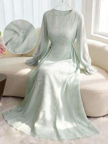 Yasmyna Đầm xòe cổ tròn bằng vải chiffon jacquard phối nhiều mảnh, thắt eo, thanh lịch và tươi tắn. - màu xanh lá - Xem 10