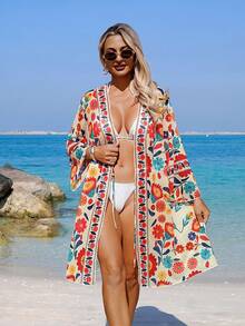 Swim Lushoire Women's Summer Beach Bohemian Style Mesh Placement Print Front Tie Drawstring Vacation Kimono Cover Up - Multicolor - View 5