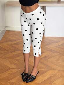 Muchica White Base Polka Dot Women's Tight 3/4 Length Leggings - Black and White - View 4