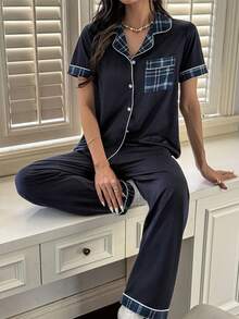 SHEIN 女士休闲针织格子印花纽扣装饰纯色翻领睡衣套装 - 藏蓝色 - 查看 3