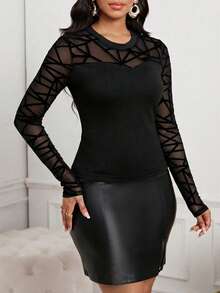 SHEIN Lady Women's Elegant Mesh Patchwork Crew Neck Fitted Long Sleeve T-Shirt, Autumn Weddings & Events Wedding Luxury Evening Dresses For Weddings Graduation Ceremony Party Graduation Dress Black Top Black Blouse Spring Summer - Black - View 6
