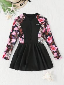 SHEIN 少女连体泳衣，休闲黑色碎花针织长袖拉链连衣裙式泳装，时尚优雅淑女风，适合游泳、夏季度假、海滩、泳池、节日派对等场合。 - 黑色 - 查看 4