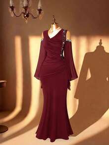 Reflora Vestido de manga abullonada con volantes y cuentas de perlas falsas, elegante y de talla grande, para otoño - Burdeos - Ver 2