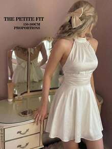 SHEIN MOD Petite 女士纯色露背扭结褶皱吊带迷你连衣裙 - 杏色 - 查看 1