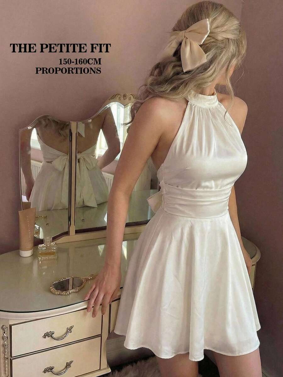 SHEIN MOD Petite 女士纯色露背扭结褶皱吊带迷你连衣裙 - 杏色 - 查看 1