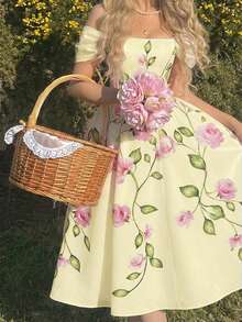 SHEIN MOD Đầm midi nữ trễ vai in hoa, thanh lịch, thắt eo, thích hợp cho hẹn hò và tiệc tùng. - Màu vàng - Xem 5