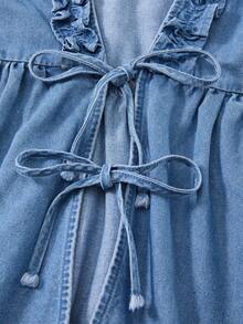 GlowEve Women's Patchwork Frill Trim Front Tie Sleeveless Denim Blouse - Blue - View 5