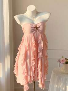 Comfortcana Women's Strapless Metal Starfish Decor Ruffle Hem Sexy Mini Dress, Fashionable For Dates And Parties, Summer Outfits For Women,Pink Dress - Pink - View 5