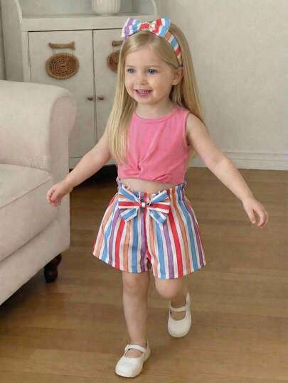 SHEIN Vintaside Kids 1 Piece Toddler Little Girls Kids Casual Stylish Sweet Colorful Vertical Striped Rainbow Pattern Bow Front Knot Hem Sleeveless Tank Tops T-Shirt And Elastic Waist Shorts Pants Trousers Two Piece Outfits Sets For  Party Summer Spring To Summer Primavera A Verano Toddler Girl Striped Shorts Girls Summer Outfit Baby Girls Sets